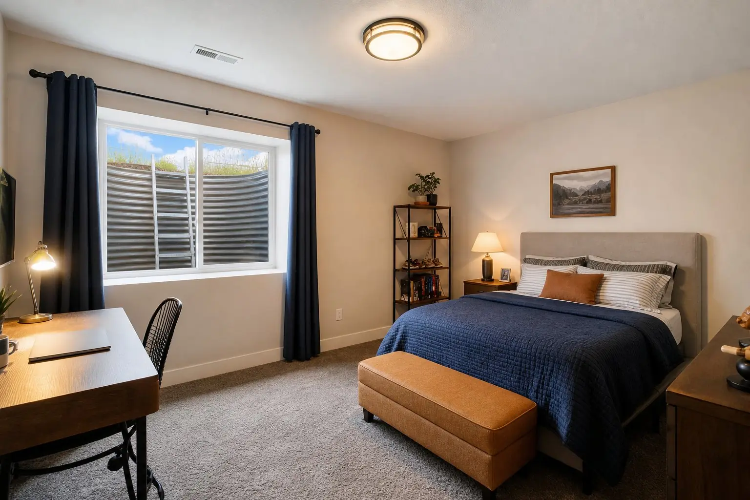 Finished basement bedroom with a large egress window, a window well with a ladder, a queen bed and a desk