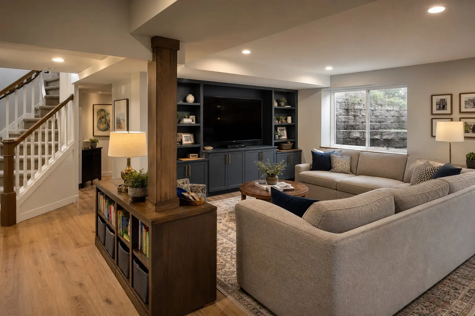 Finished basement family room with a sectional, built-in media wall, a support column wrapped into a bookcase and an egress window