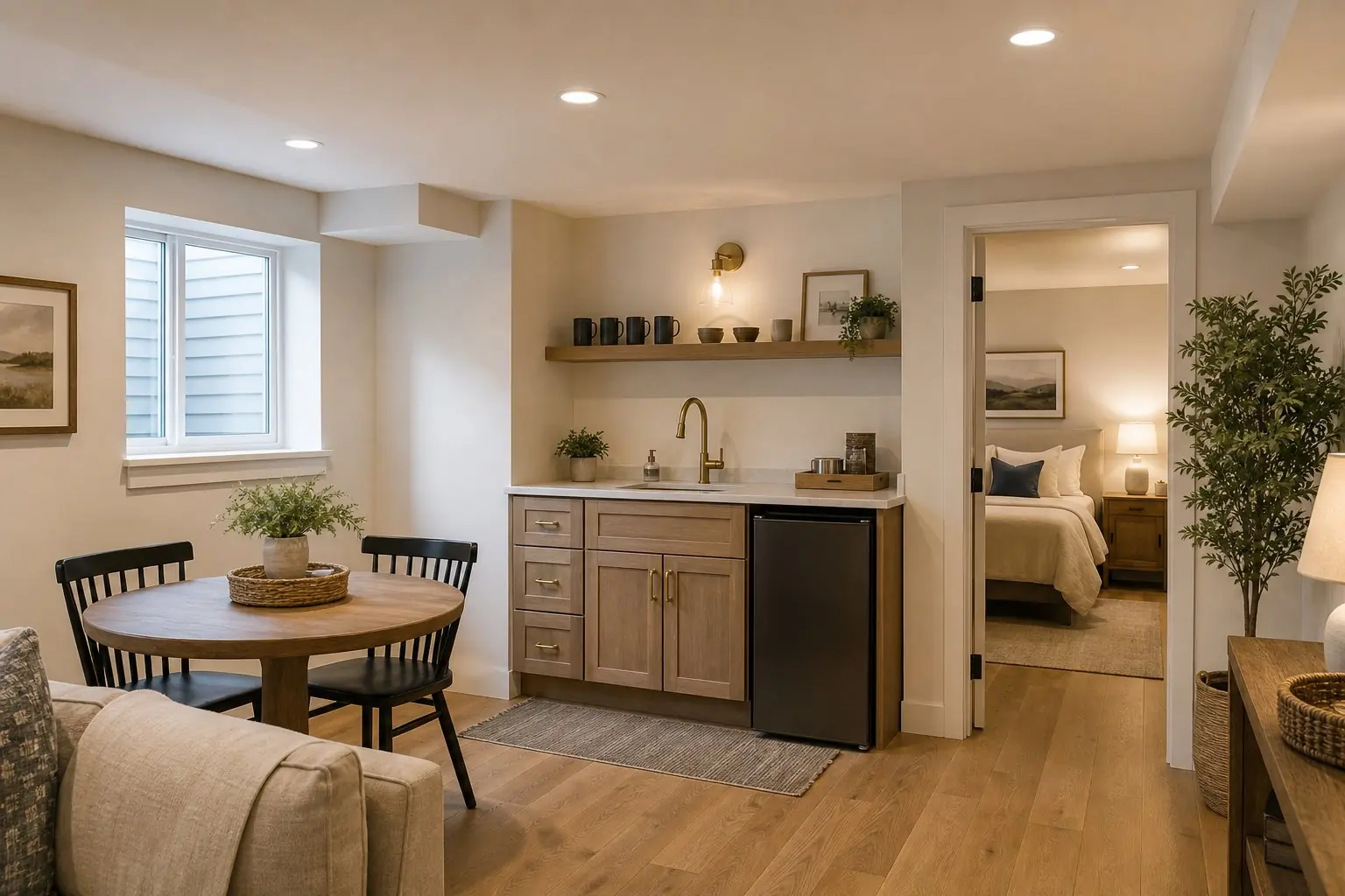 Basement guest suite with a small kitchenette, a table for two and a doorway into a private bedroom