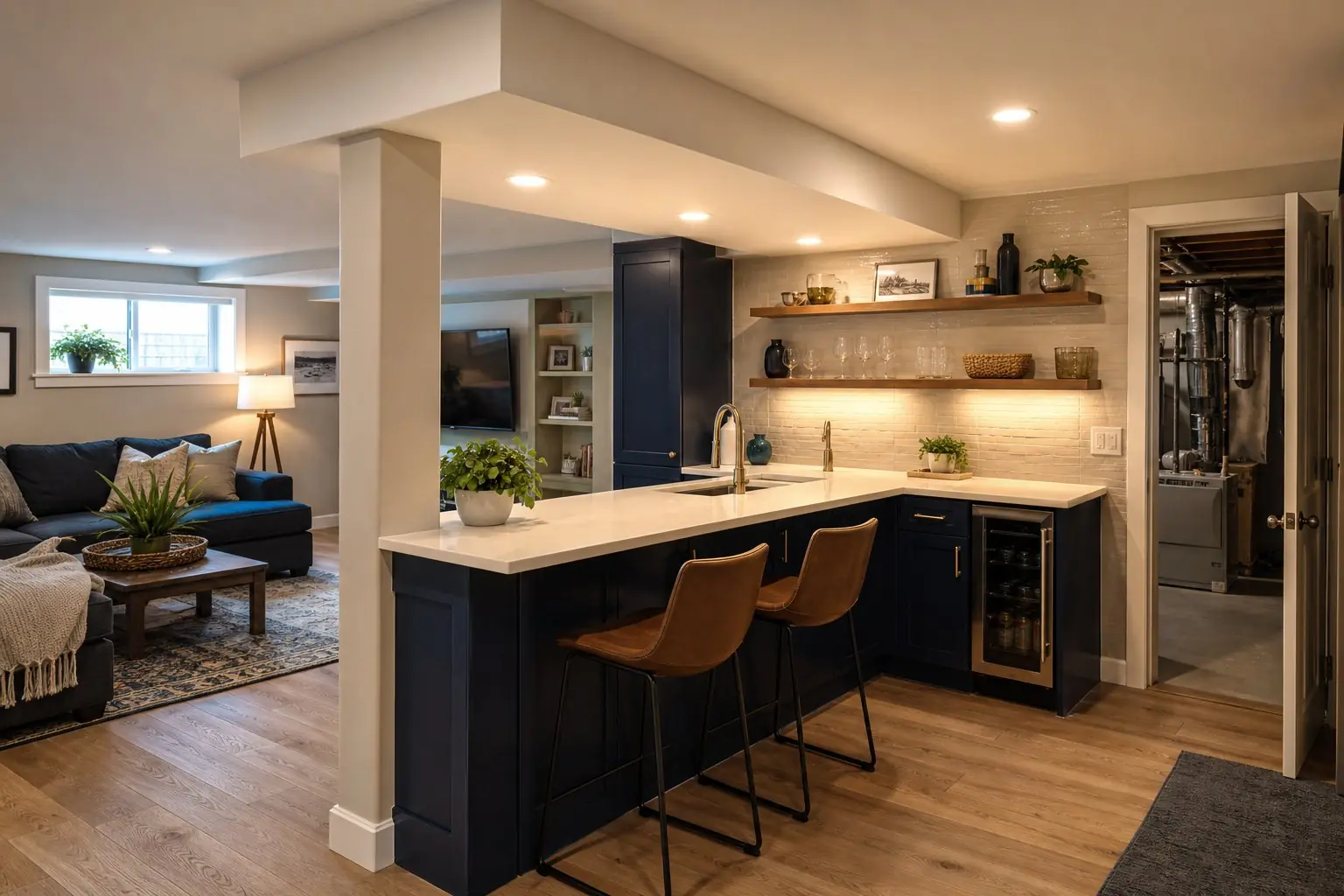 Basement wet bar with navy cabinets where a support column forms the end of the bar, a ductwork soffit with recessed lights above, and the mechanical room door beyond