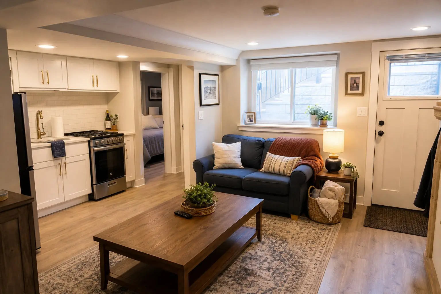Basement apartment with a compact kitchen, a small living area and a separate side entrance