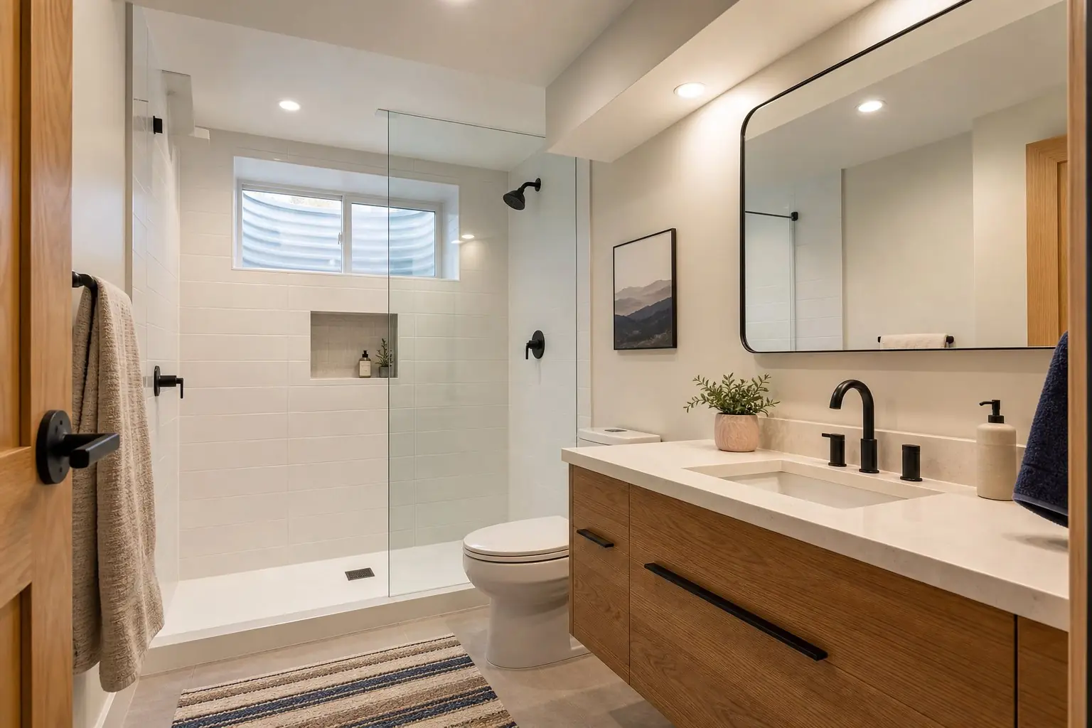 Finished basement bathroom with a tiled shower, oak vanity and small high window