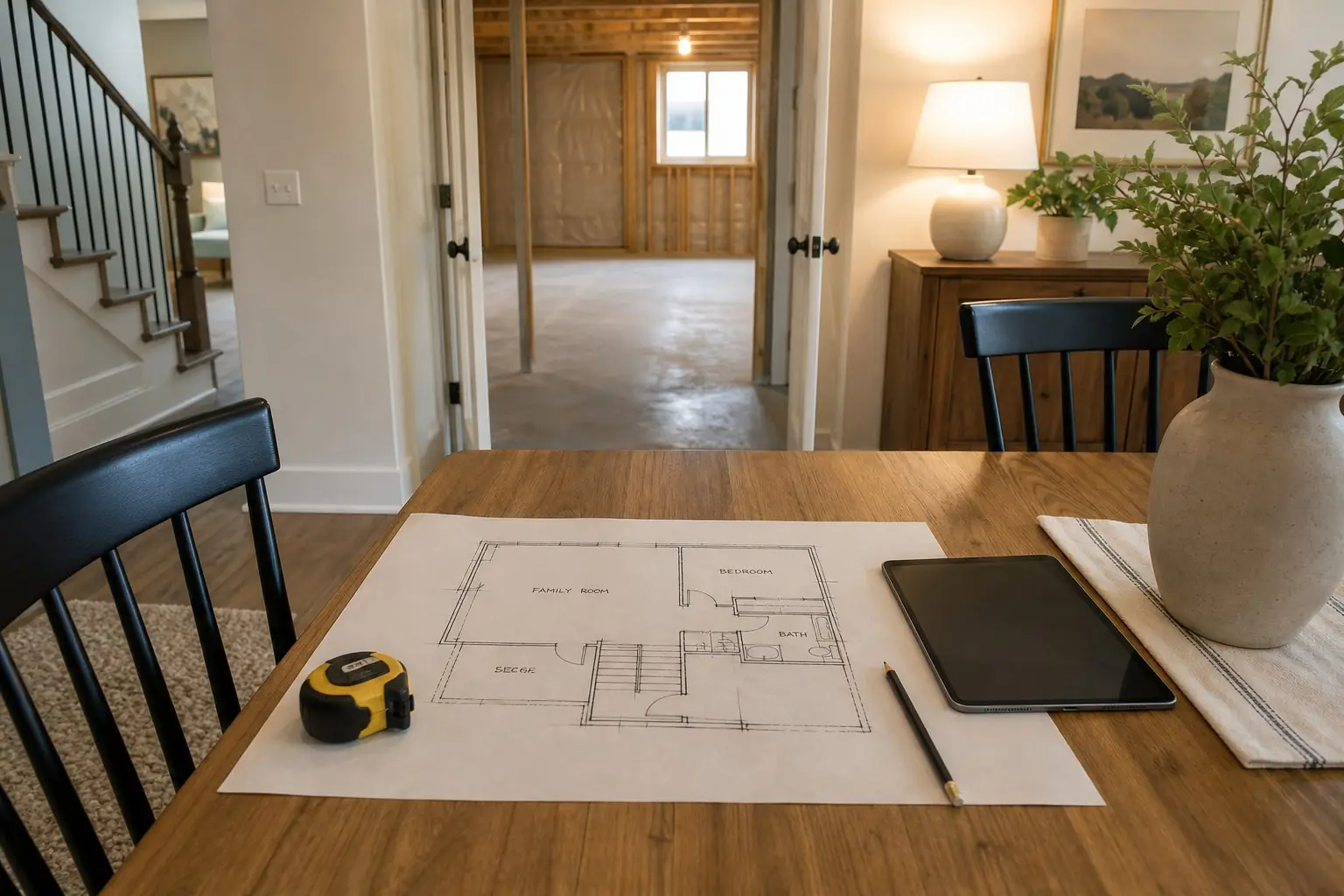 Basement floor plan sketch on a kitchen table with a tape measure