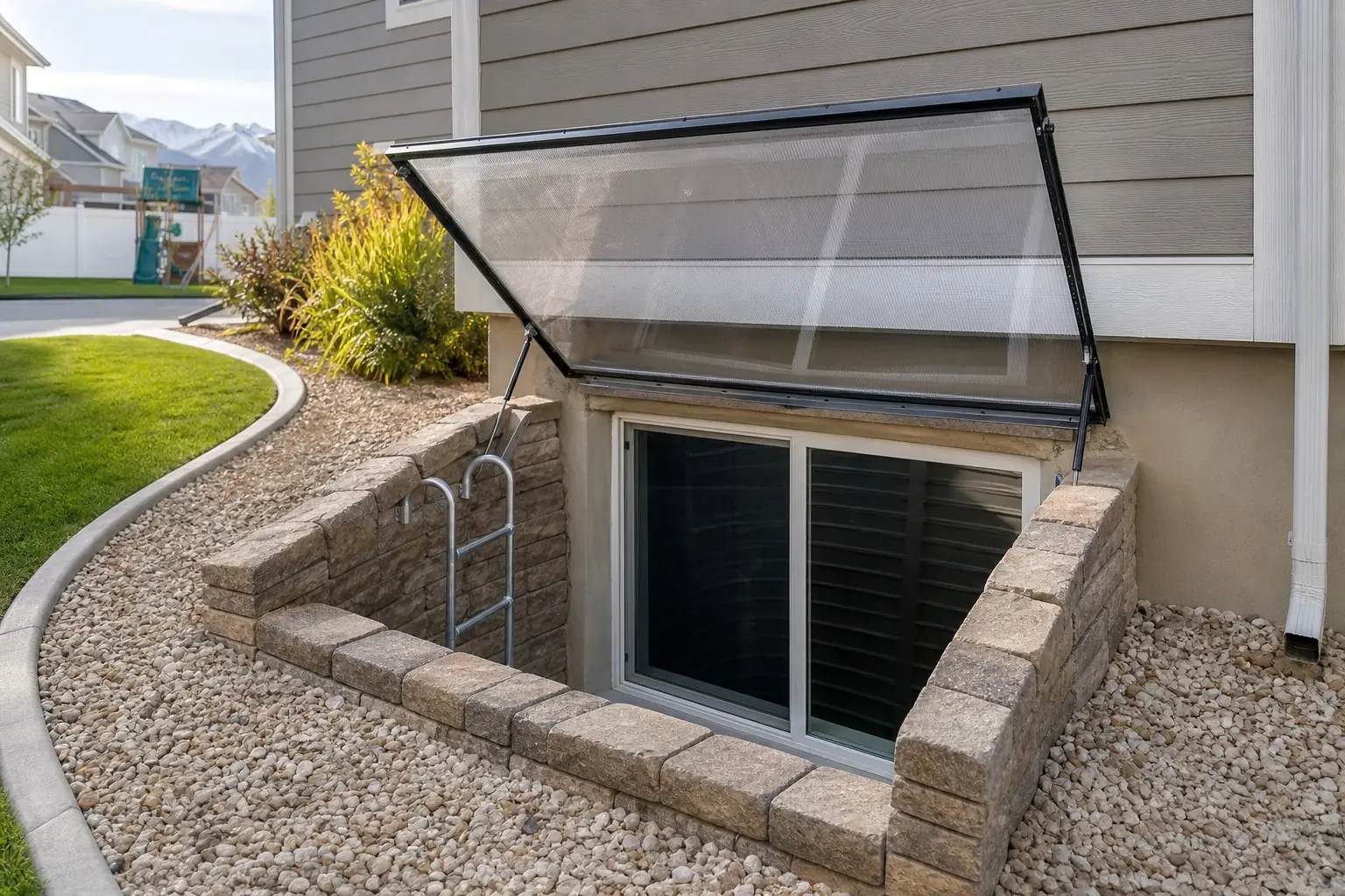 Large basement egress window in a tiered window well with a built-in ladder beside a home's foundation