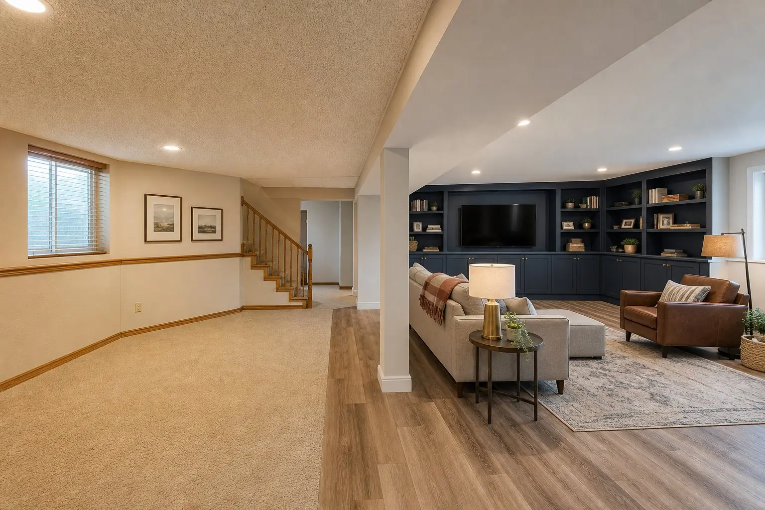 Basement family room being updated, with dated carpet and trim on one side and new flooring, trim and lighting on the other