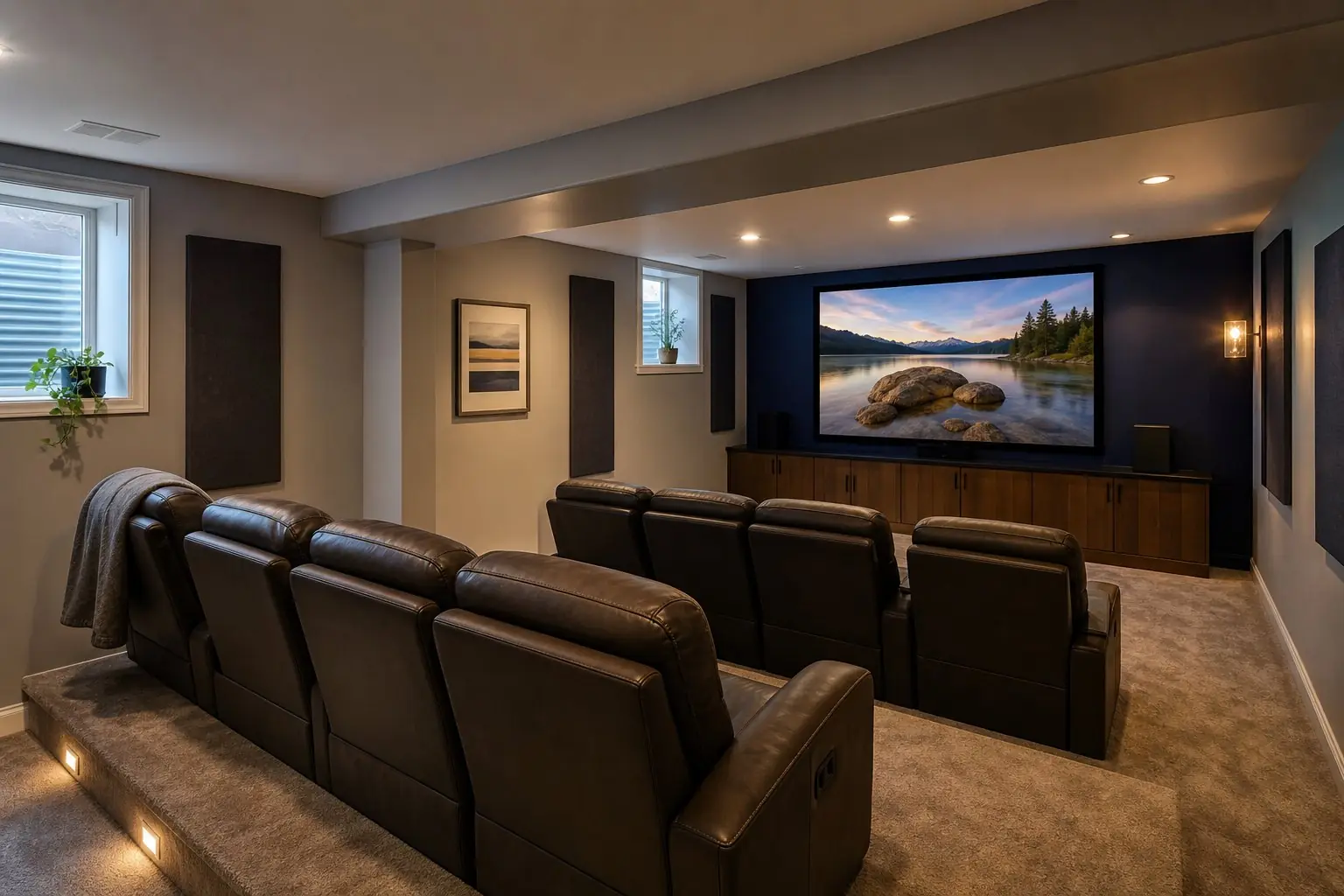 Basement media room with a large screen on a navy wall, two rows of recliners and soft step lighting