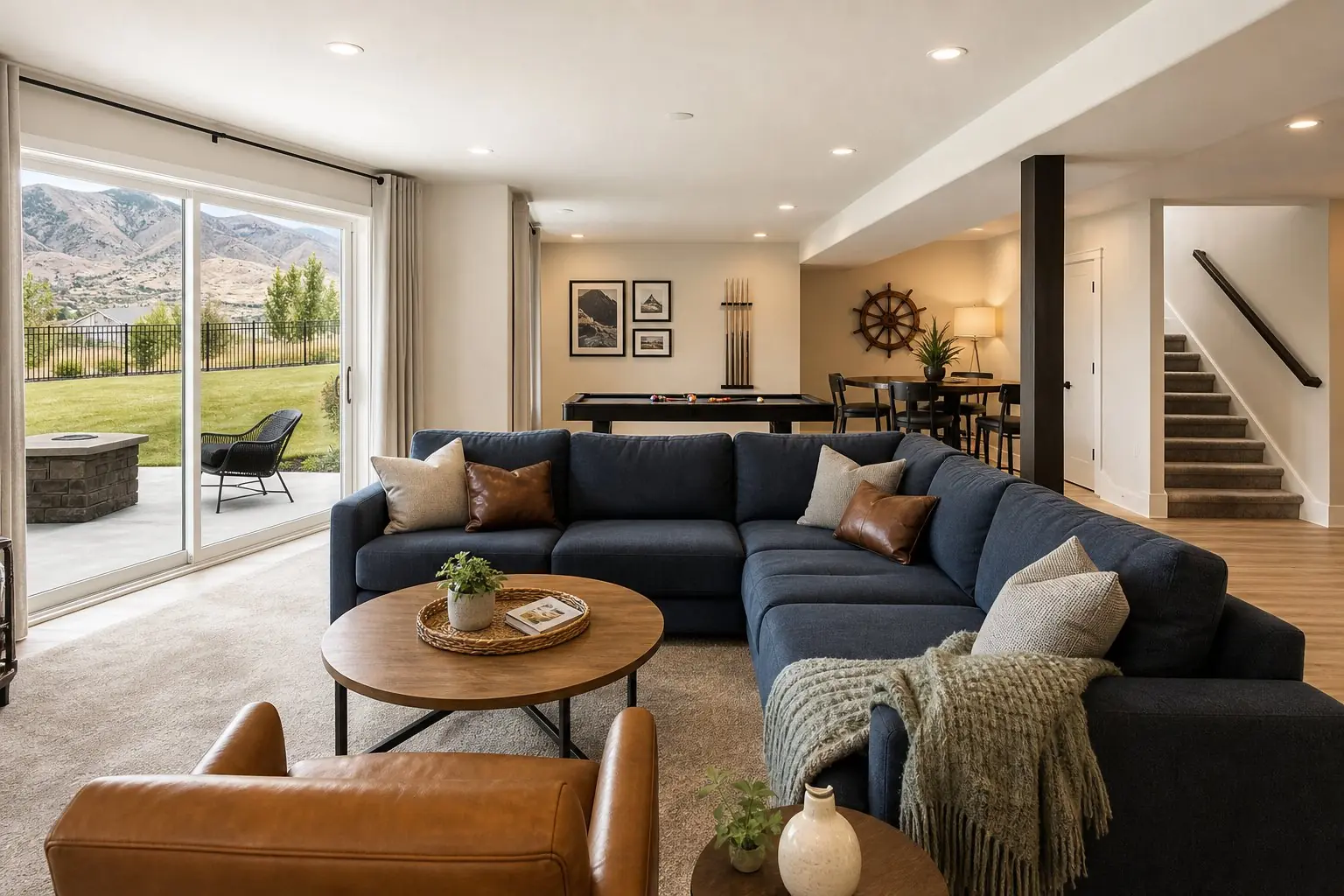 Finished walkout basement family room with sliding glass doors opening to a patio and lawn