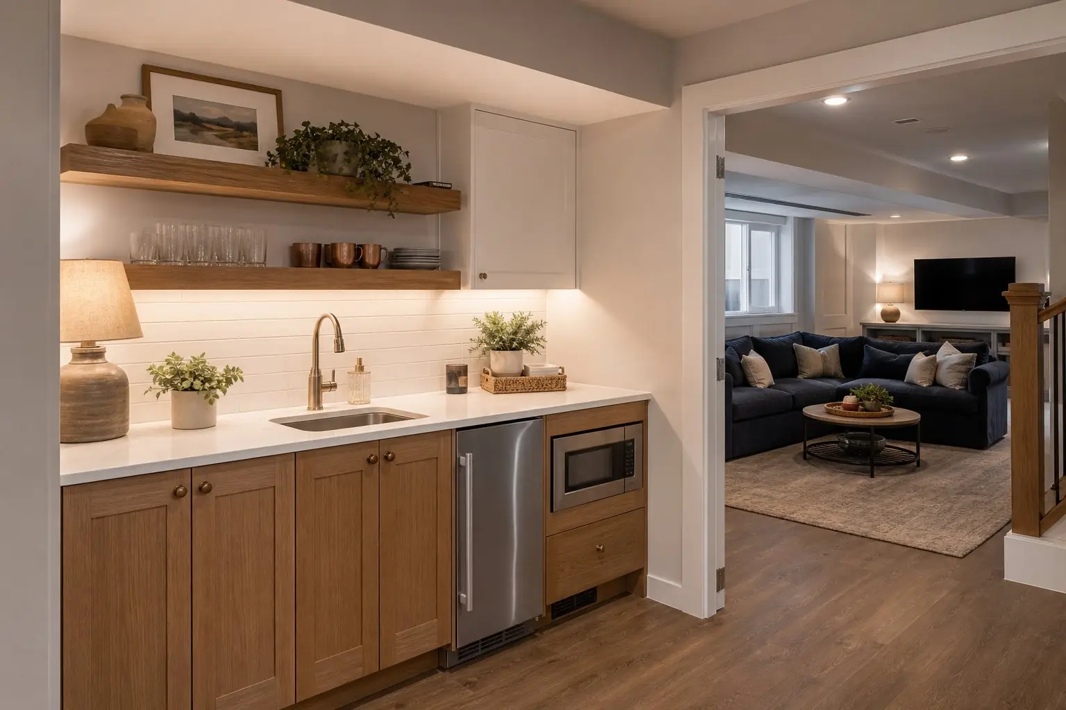 Basement kitchenette with a sink, under-counter refrigerator and microwave drawer beside a doorway to a family room